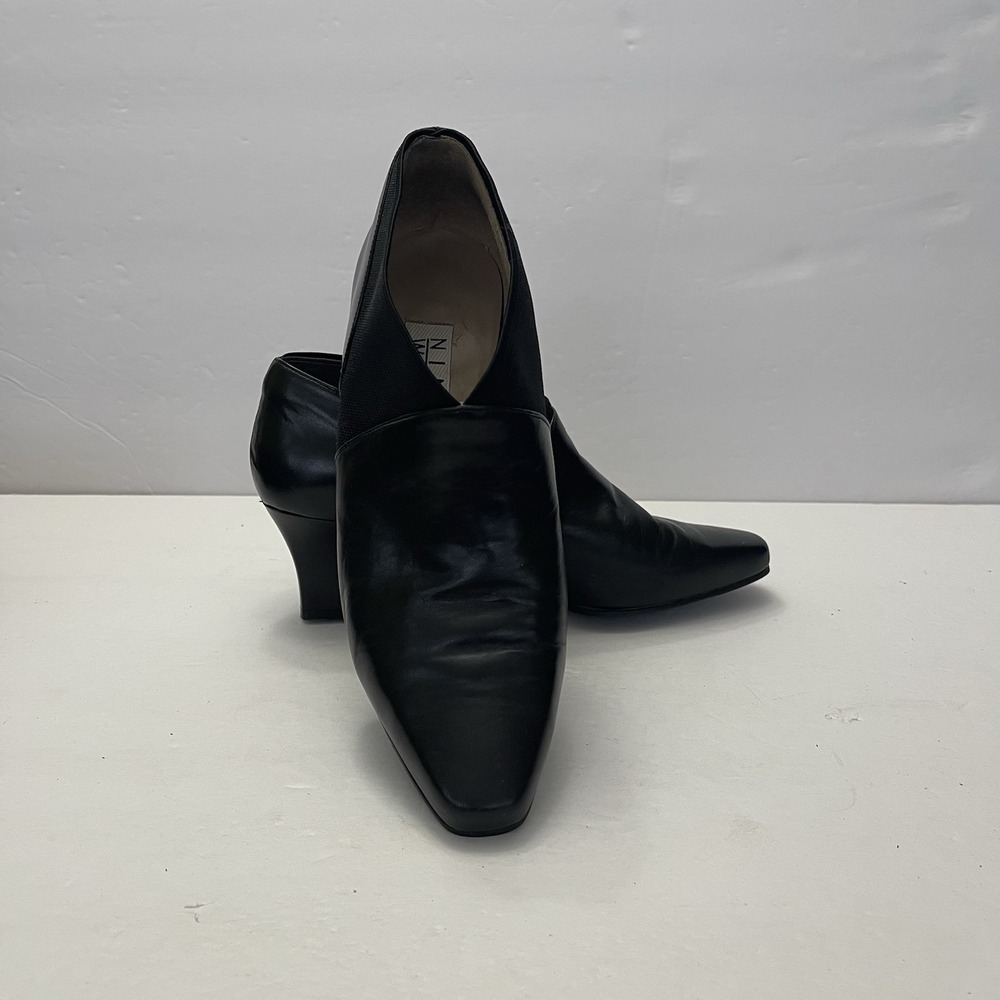 Nine West Shaw Black Leather Heel Ankle Bootie Shoes Square Toe Womens 7.5